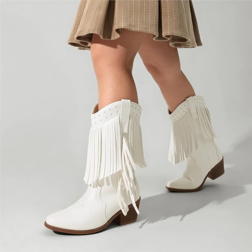 ⚡Girls White Cowgirl Boot Tassel Fringe Kids Western Boots Stylish & Comfortable